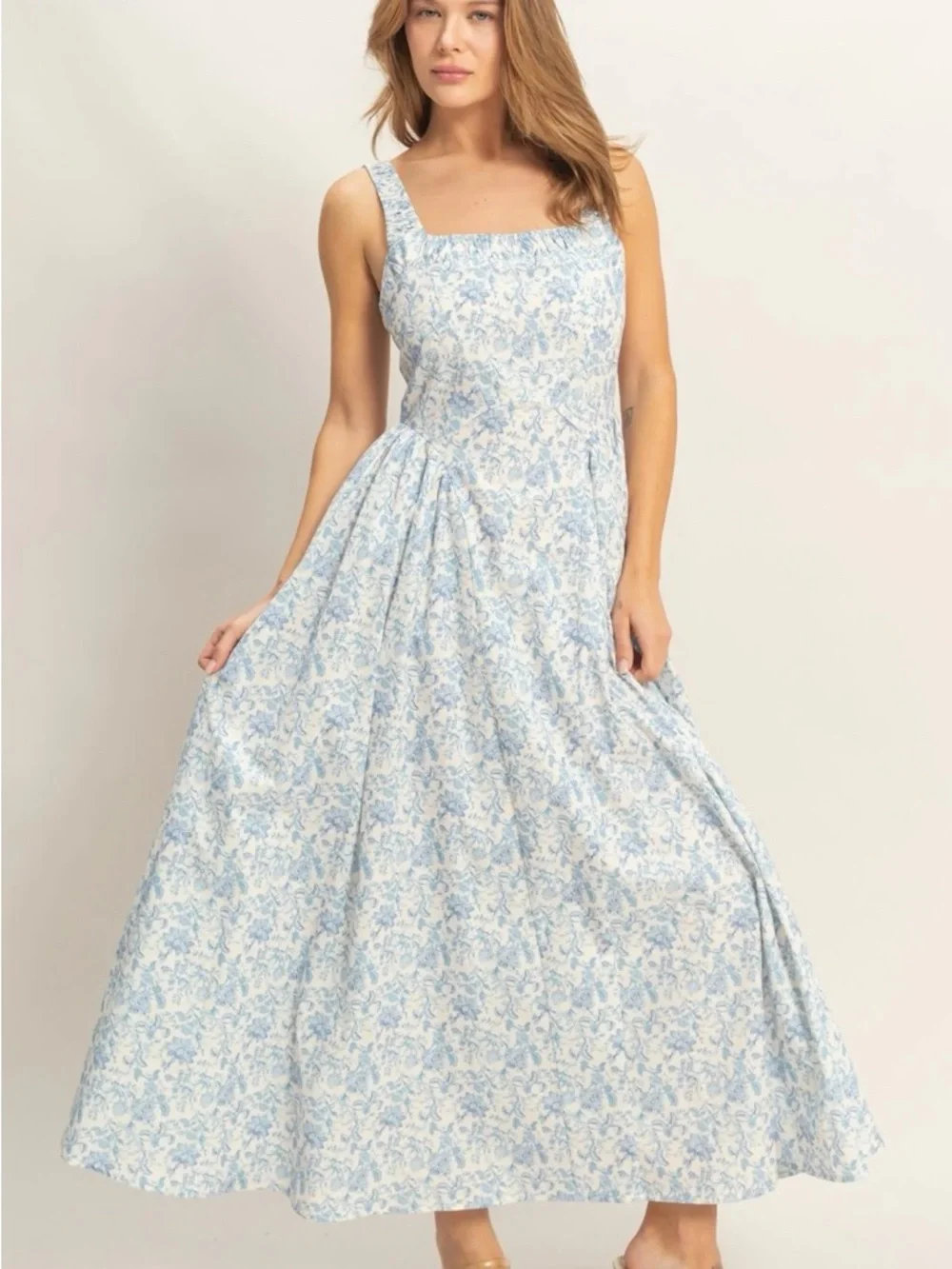 HYFVE Blue Floral Cotton Empire Waist Maxi Dress Square Neck Cottagecore Medium - Picture 4 of 5